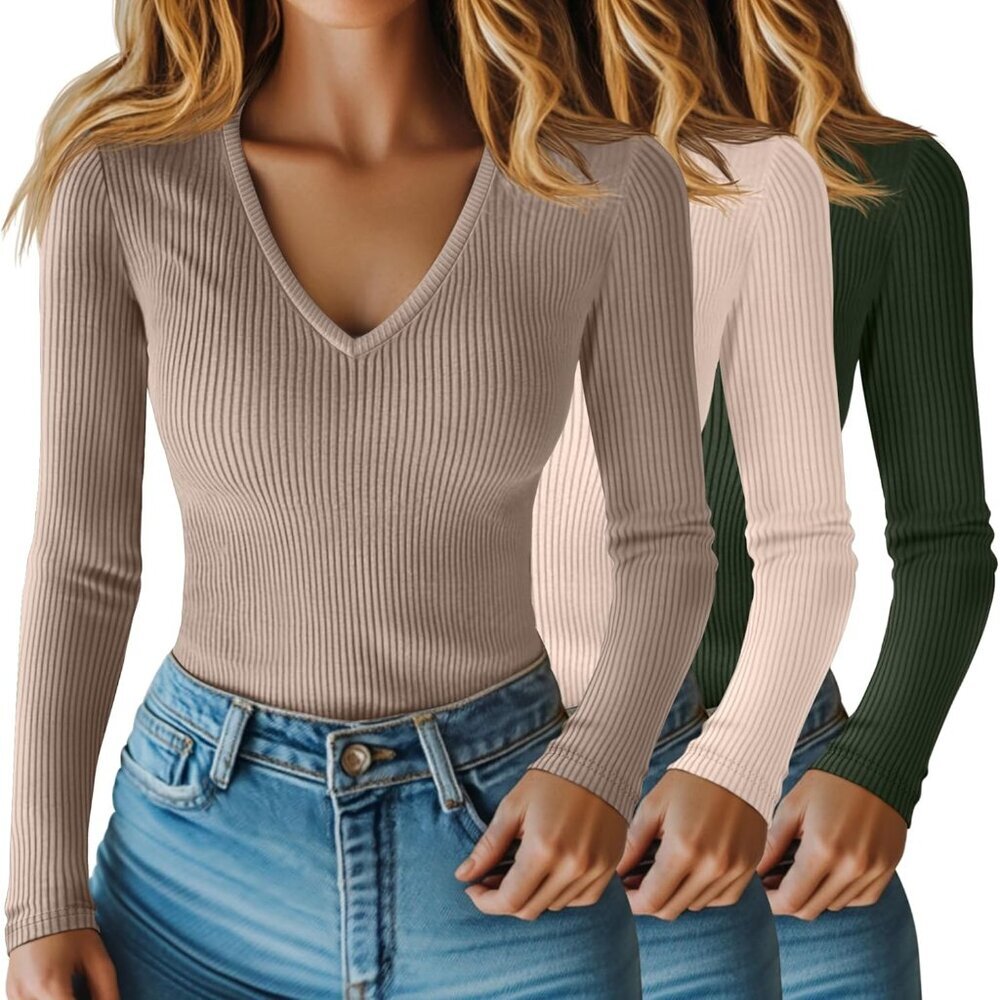 Women 3 Pack Cotton Long Sleeve V Neck Ribbed Tops Slim Fit Casual